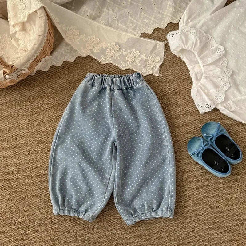 デニムパンツ キッズパンツ 水玉ドットプリントレースポケットワイドルーズデニムパンツ【mh0008862】