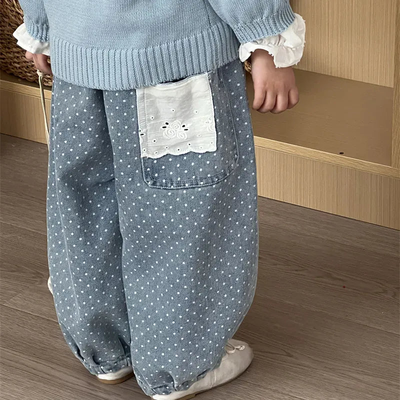 デニムパンツ キッズパンツ 水玉ドットプリントレースポケットワイドルーズデニムパンツ【mh0008862】