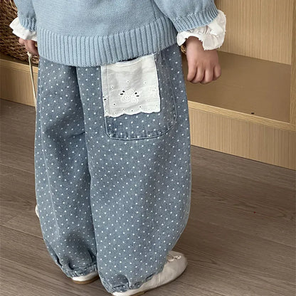 デニムパンツ キッズパンツ 水玉ドットプリントレースポケットワイドルーズデニムパンツ【mh0008862】