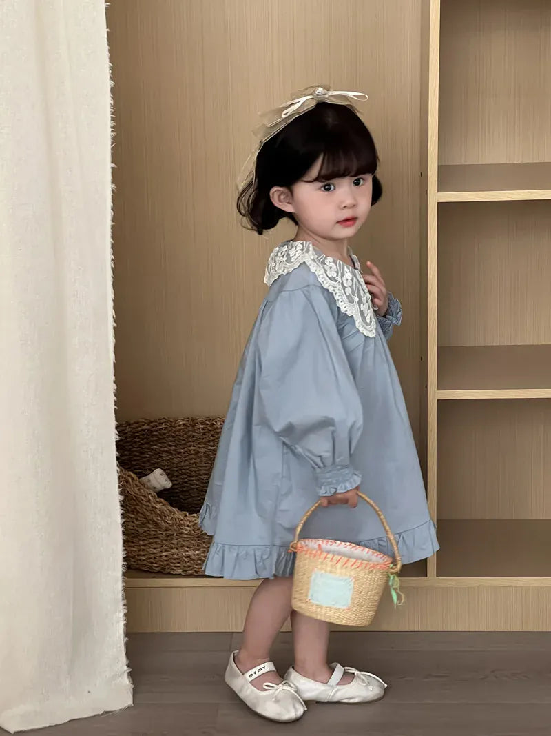 長袖ワンピース キッズワンピース レースビッグ襟長袖パフスリーブワンピース【mh0008863】