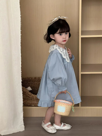 長袖ワンピース キッズワンピース レースビッグ襟長袖パフスリーブワンピース【mh0008863】