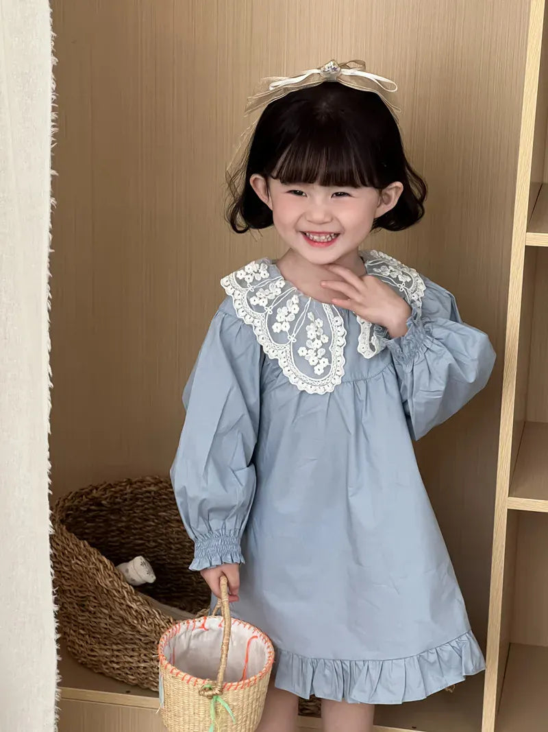 長袖ワンピース キッズワンピース レースビッグ襟長袖パフスリーブワンピース【mh0008863】