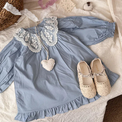 長袖ワンピース キッズワンピース レースビッグ襟長袖パフスリーブワンピース【mh0008863】