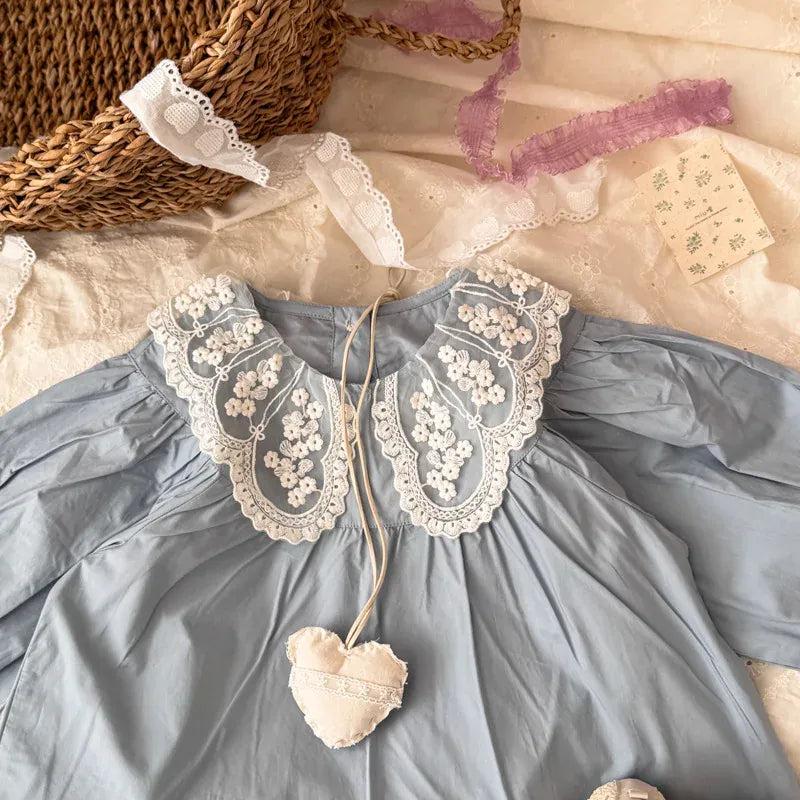 長袖ワンピース キッズワンピース レースビッグ襟長袖パフスリーブワンピース【mh0008863】