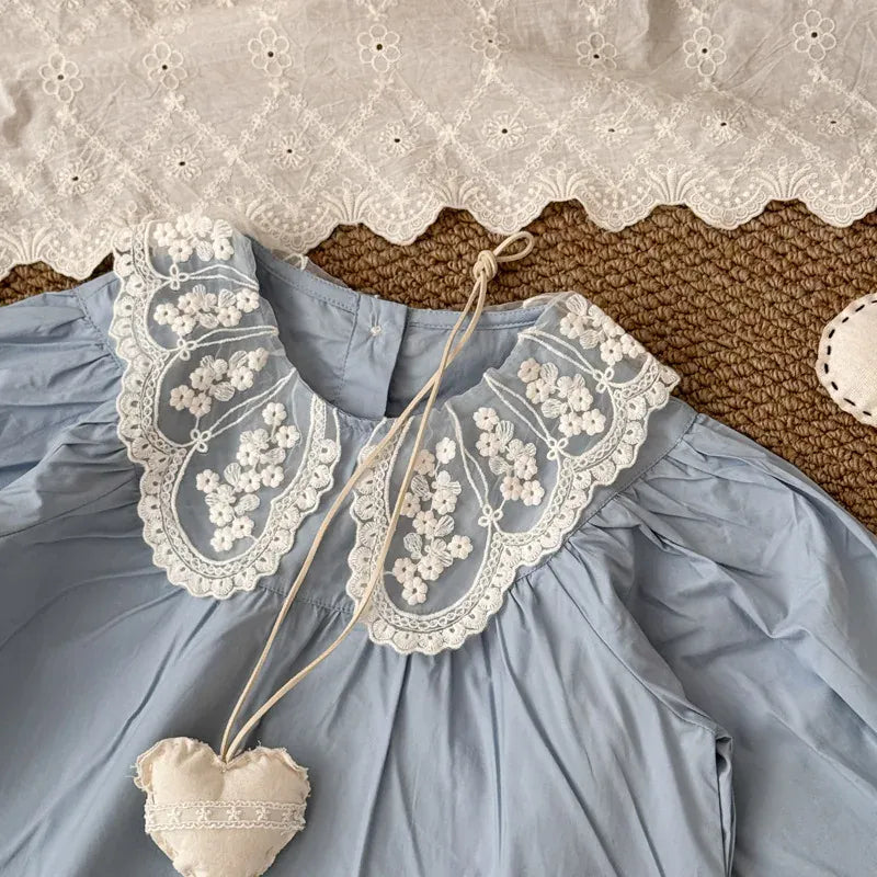 長袖ワンピース キッズワンピース レースビッグ襟長袖パフスリーブワンピース【mh0008863】