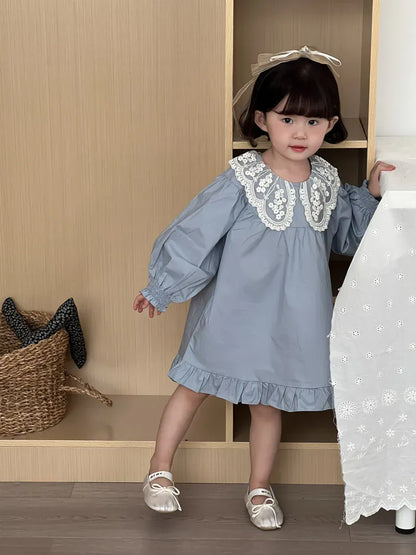 長袖ワンピース キッズワンピース レースビッグ襟長袖パフスリーブワンピース【mh0008863】