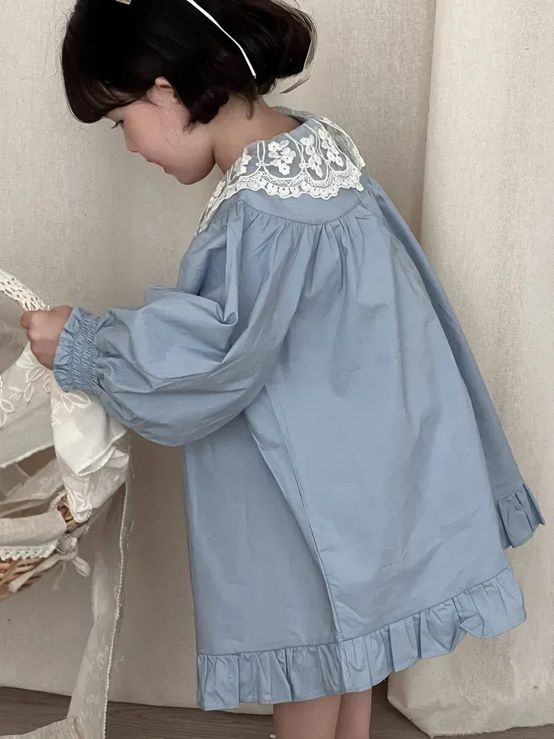 長袖ワンピース キッズワンピース レースビッグ襟長袖パフスリーブワンピース【mh0008863】