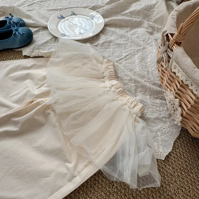 ロングパンツ・スウェットパンツ キッズパンツ チュールスカートドッキング裾フリルワイドルーズロングパンツ【mh0008864】