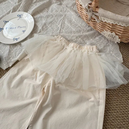 ロングパンツ・スウェットパンツ キッズパンツ チュールスカートドッキング裾フリルワイドルーズロングパンツ【mh0008864】