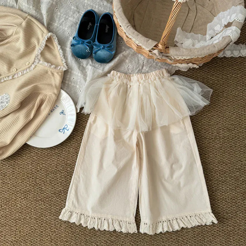 ロングパンツ・スウェットパンツ キッズパンツ チュールスカートドッキング裾フリルワイドルーズロングパンツ【mh0008864】