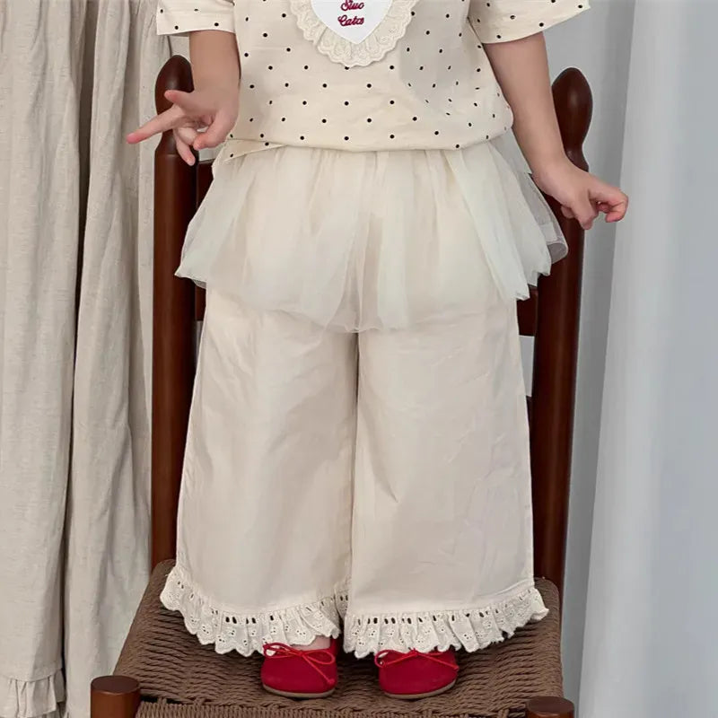 ロングパンツ・スウェットパンツ キッズパンツ チュールスカートドッキング裾フリルワイドルーズロングパンツ【mh0008864】