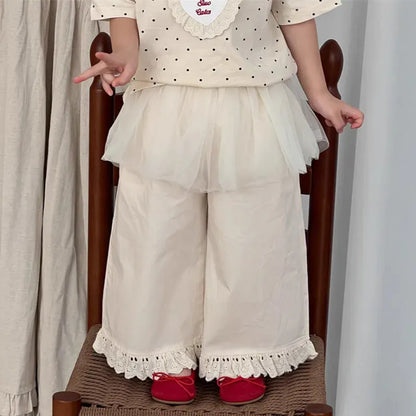 ロングパンツ・スウェットパンツ キッズパンツ チュールスカートドッキング裾フリルワイドルーズロングパンツ【mh0008864】