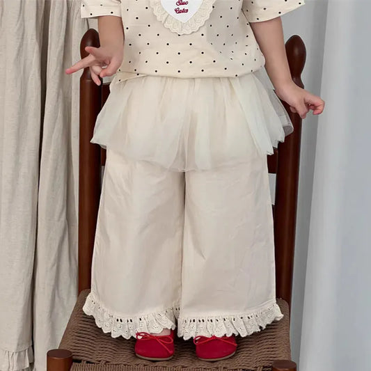 ロングパンツ・スウェットパンツ キッズパンツ チュールスカートドッキング裾フリルワイドルーズロングパンツ【mh0008864】