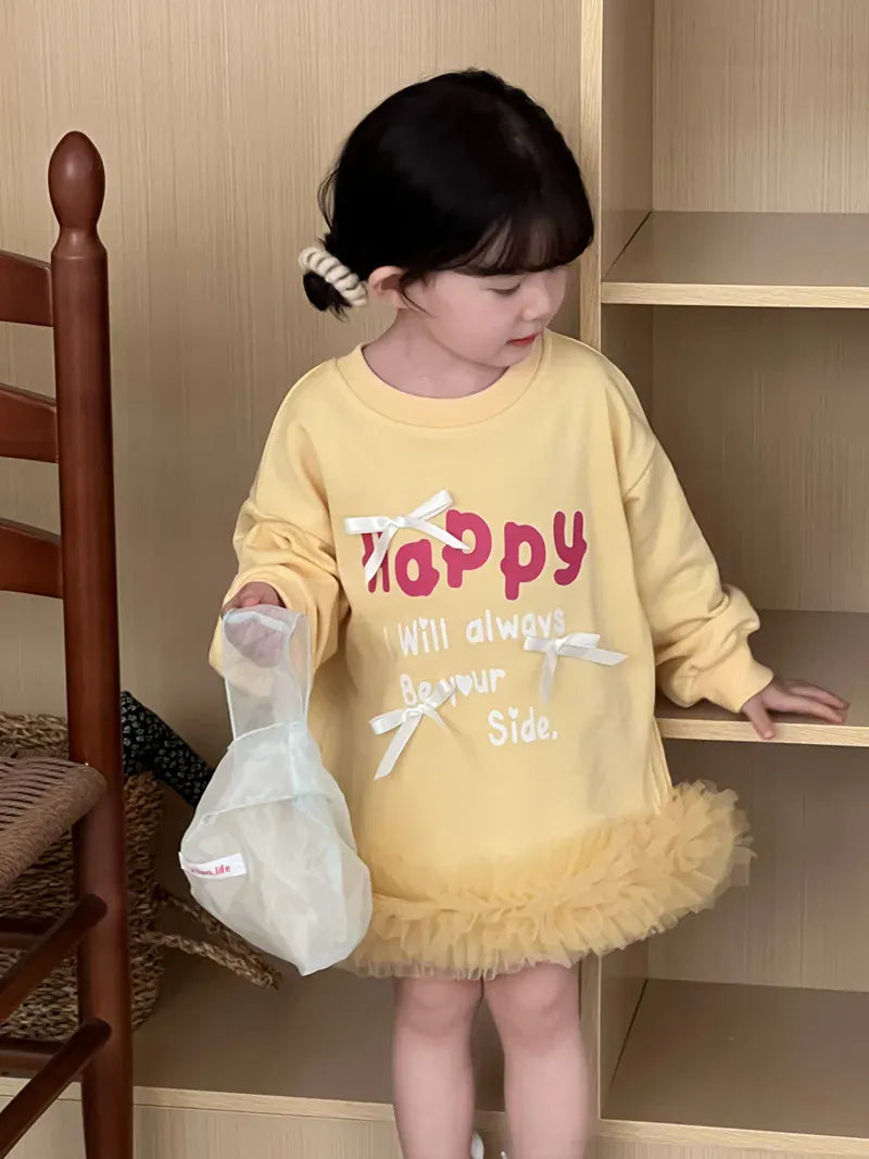 長袖ワンピース キッズワンピース レターロゴプリントリボン裾チュールフリル長袖スウェットワンピース【mh0008866】