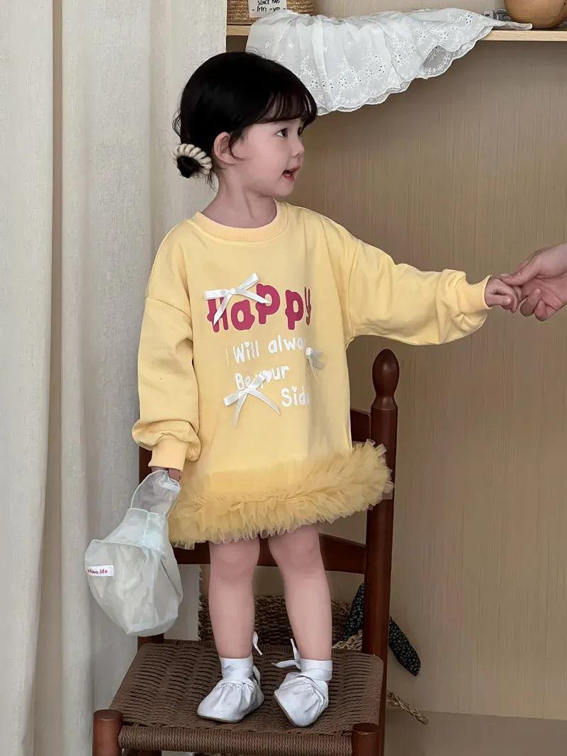 長袖ワンピース キッズワンピース レターロゴプリントリボン裾チュールフリル長袖スウェットワンピース【mh0008866】