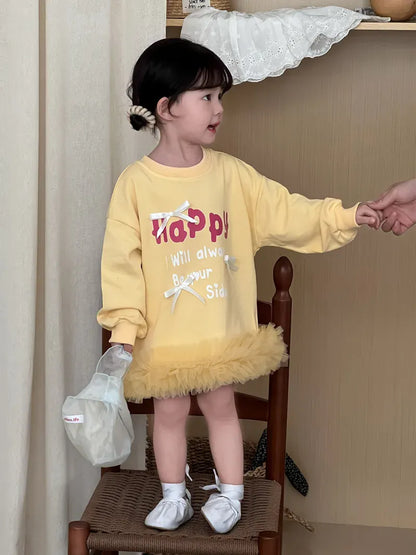 長袖ワンピース キッズワンピース レターロゴプリントリボン裾チュールフリル長袖スウェットワンピース【mh0008866】