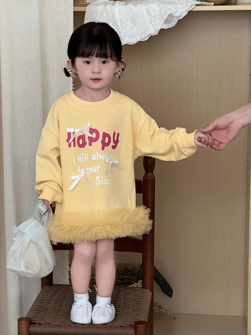 長袖ワンピース キッズワンピース レターロゴプリントリボン裾チュールフリル長袖スウェットワンピース【mh0008866】