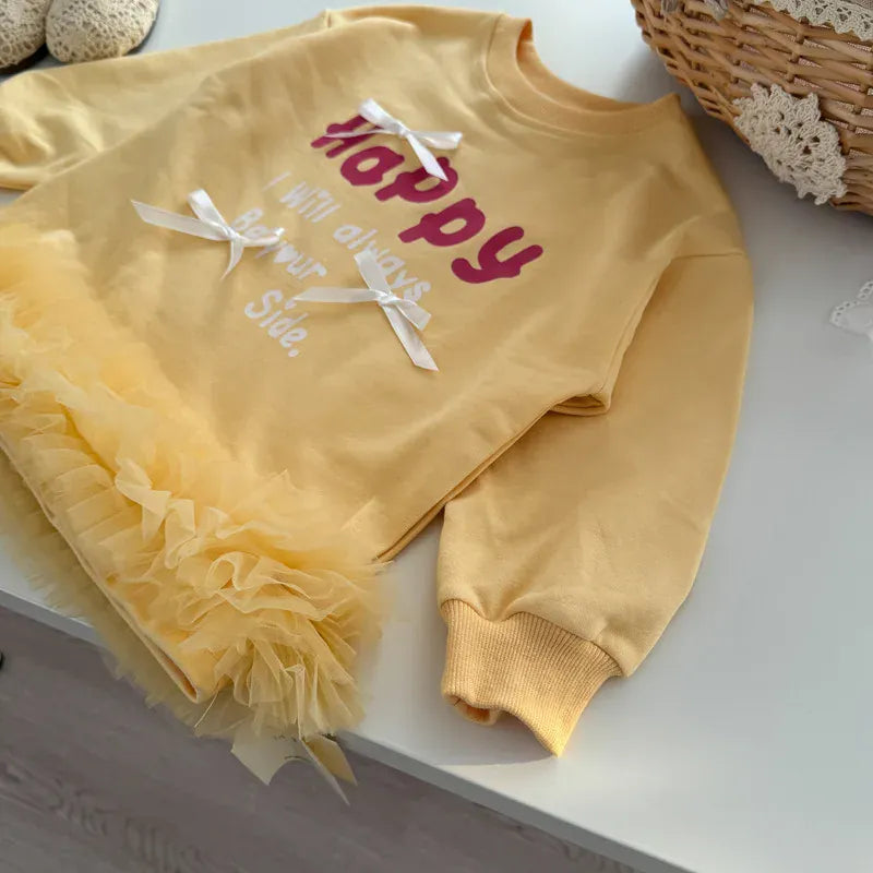 長袖ワンピース キッズワンピース レターロゴプリントリボン裾チュールフリル長袖スウェットワンピース【mh0008866】