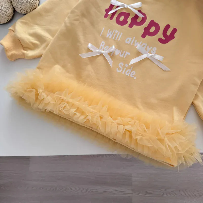 長袖ワンピース キッズワンピース レターロゴプリントリボン裾チュールフリル長袖スウェットワンピース【mh0008866】