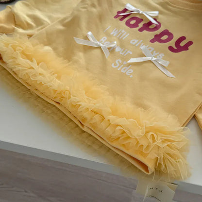 長袖ワンピース キッズワンピース レターロゴプリントリボン裾チュールフリル長袖スウェットワンピース【mh0008866】