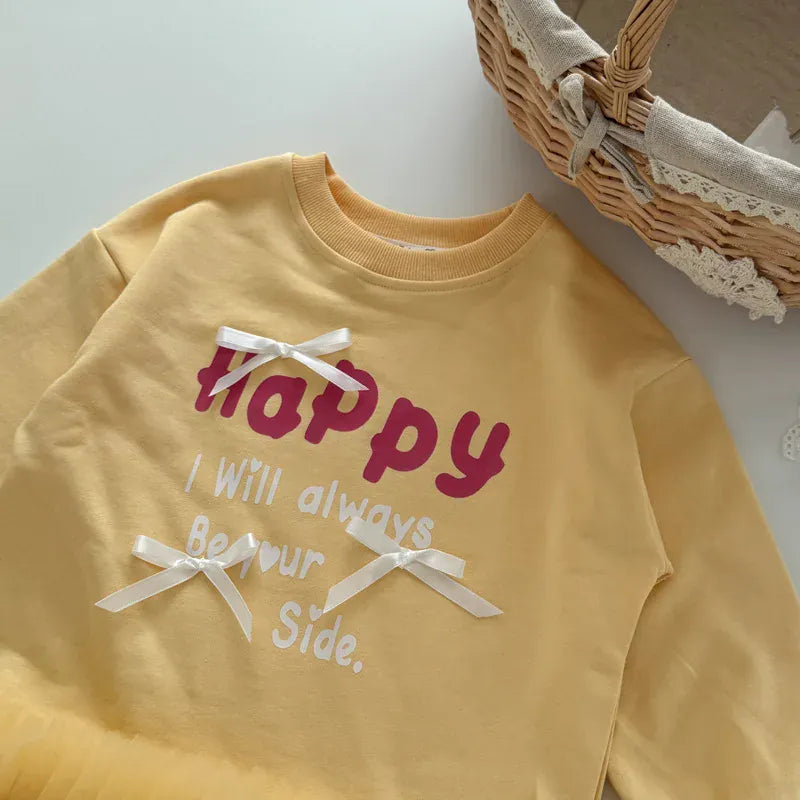 長袖ワンピース キッズワンピース レターロゴプリントリボン裾チュールフリル長袖スウェットワンピース【mh0008866】