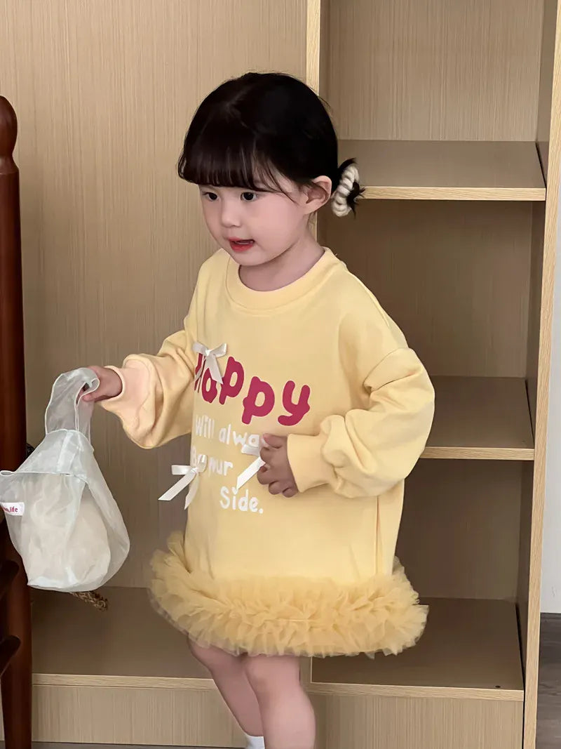 長袖ワンピース キッズワンピース レターロゴプリントリボン裾チュールフリル長袖スウェットワンピース【mh0008866】