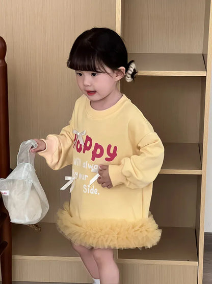 長袖ワンピース キッズワンピース レターロゴプリントリボン裾チュールフリル長袖スウェットワンピース【mh0008866】