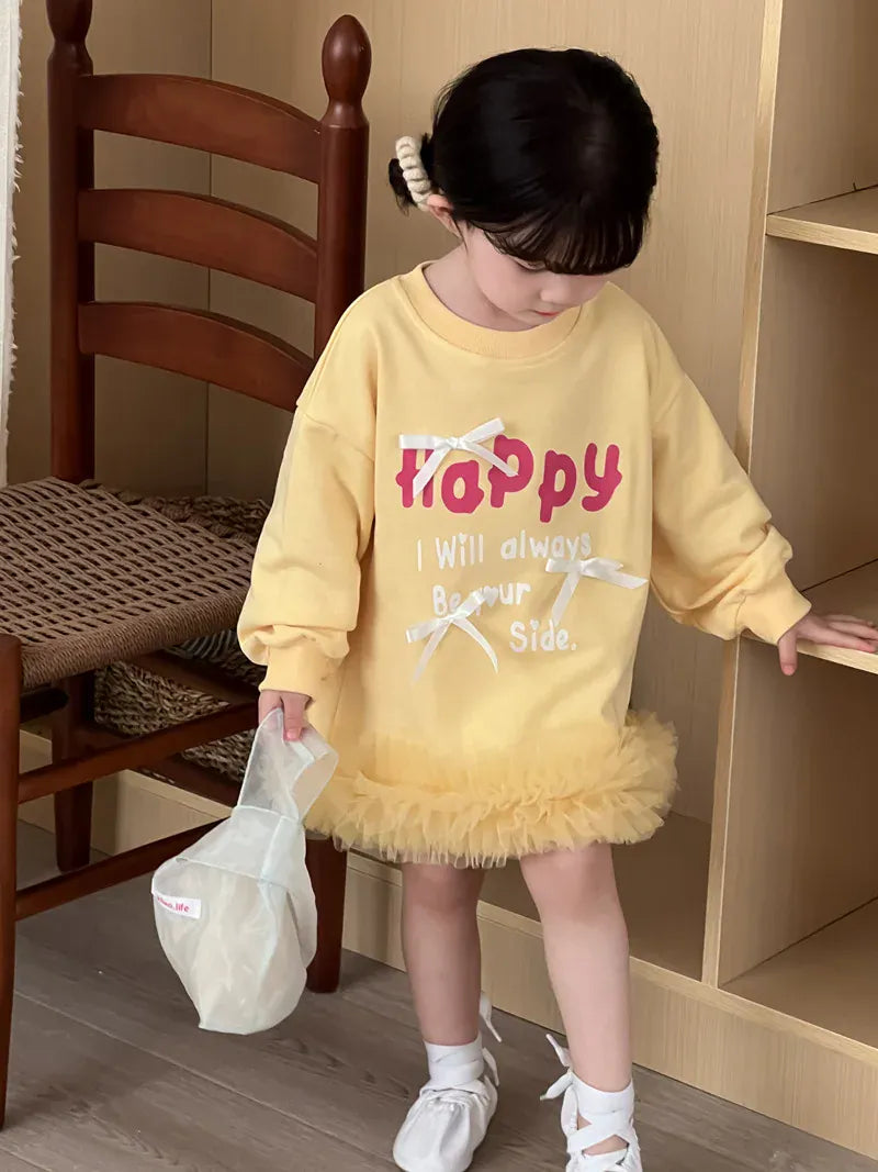 長袖ワンピース キッズワンピース レターロゴプリントリボン裾チュールフリル長袖スウェットワンピース【mh0008866】