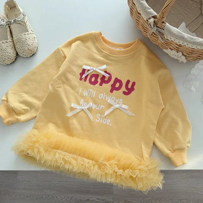 長袖ワンピース キッズワンピース レターロゴプリントリボン裾チュールフリル長袖スウェットワンピース【mh0008866】