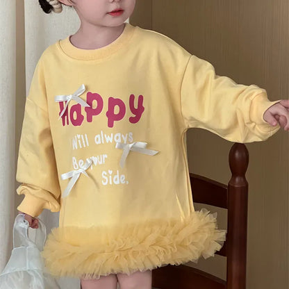 長袖ワンピース キッズワンピース レターロゴプリントリボン裾チュールフリル長袖スウェットワンピース【mh0008866】