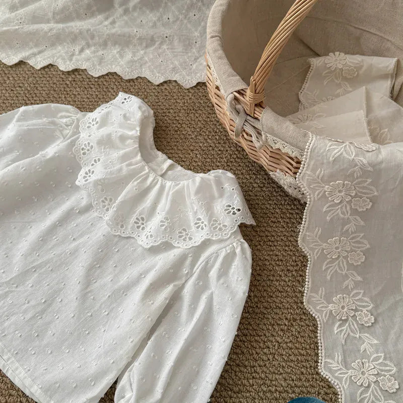 長袖シャツ・ブラウス キッズトップス レースラッフル襟長袖チュニックブラウス【mh0008867】