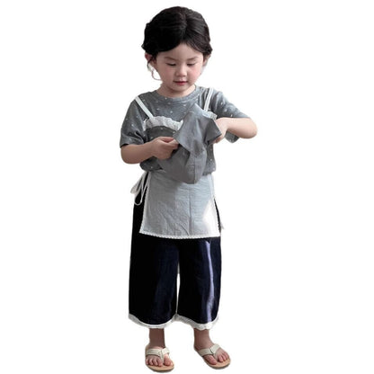 デニムパンツ レースエプロン+クロップドルーズデニムパンツジーンズ【mh0009739】