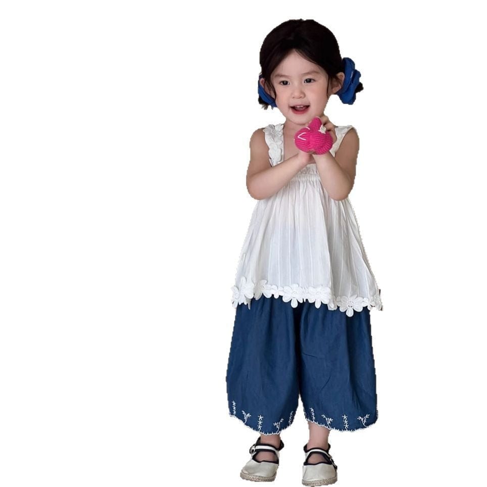 ロングパンツ・スウェットパンツ 裾刺繍ステッチルーズクロップドデニムパンツ【mh0009740】