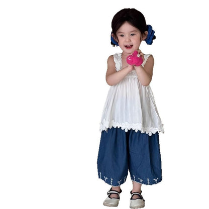 ロングパンツ・スウェットパンツ 裾刺繍ステッチルーズクロップドデニムパンツ【mh0009740】