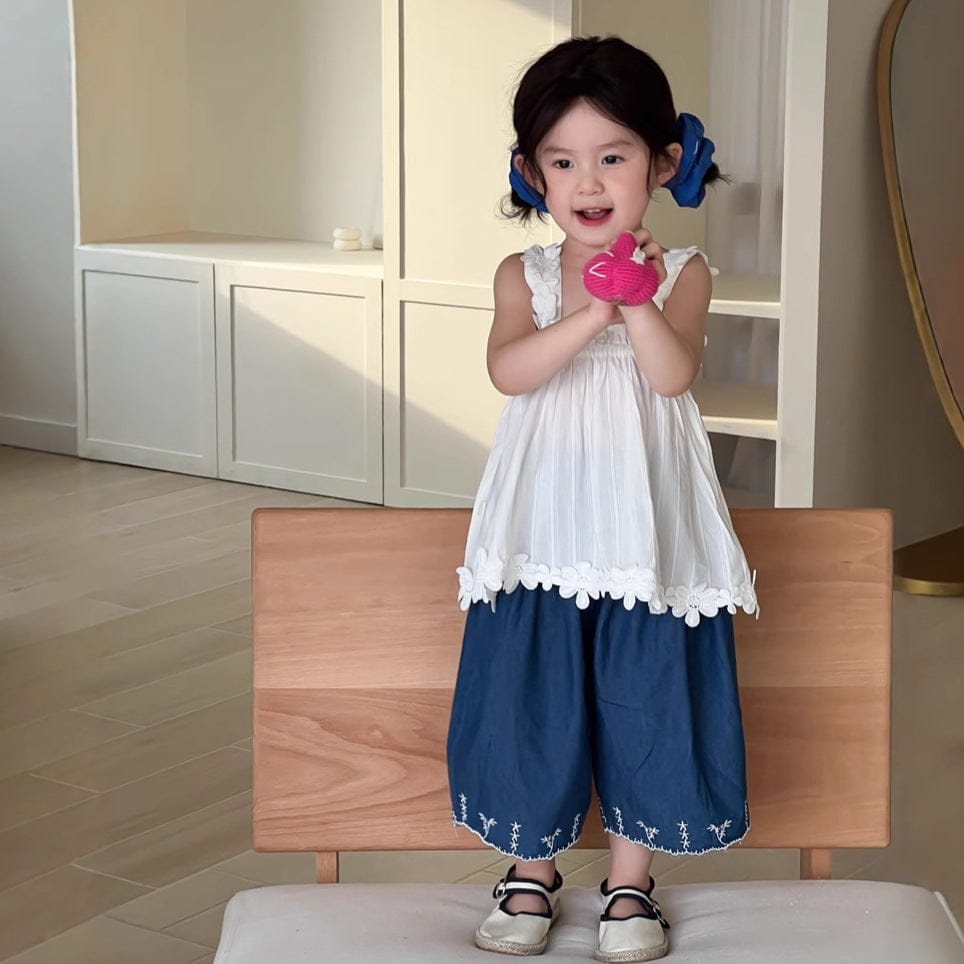 ロングパンツ・スウェットパンツ 裾刺繍ステッチルーズクロップドデニムパンツ【mh0009740】