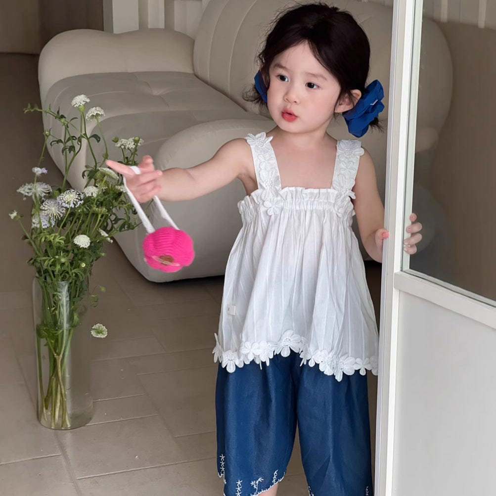 ロングパンツ・スウェットパンツ 裾刺繍ステッチルーズクロップドデニムパンツ【mh0009740】