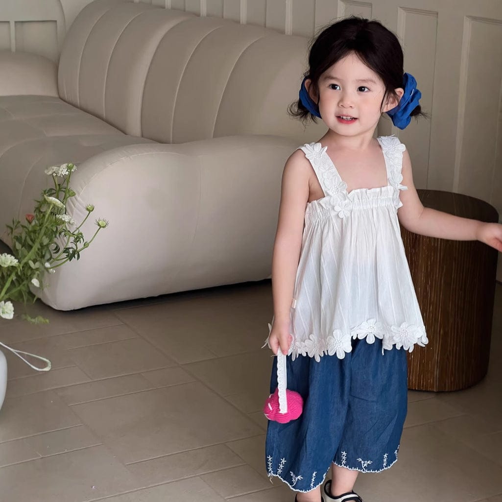 ロングパンツ・スウェットパンツ 裾刺繍ステッチルーズクロップドデニムパンツ【mh0009740】