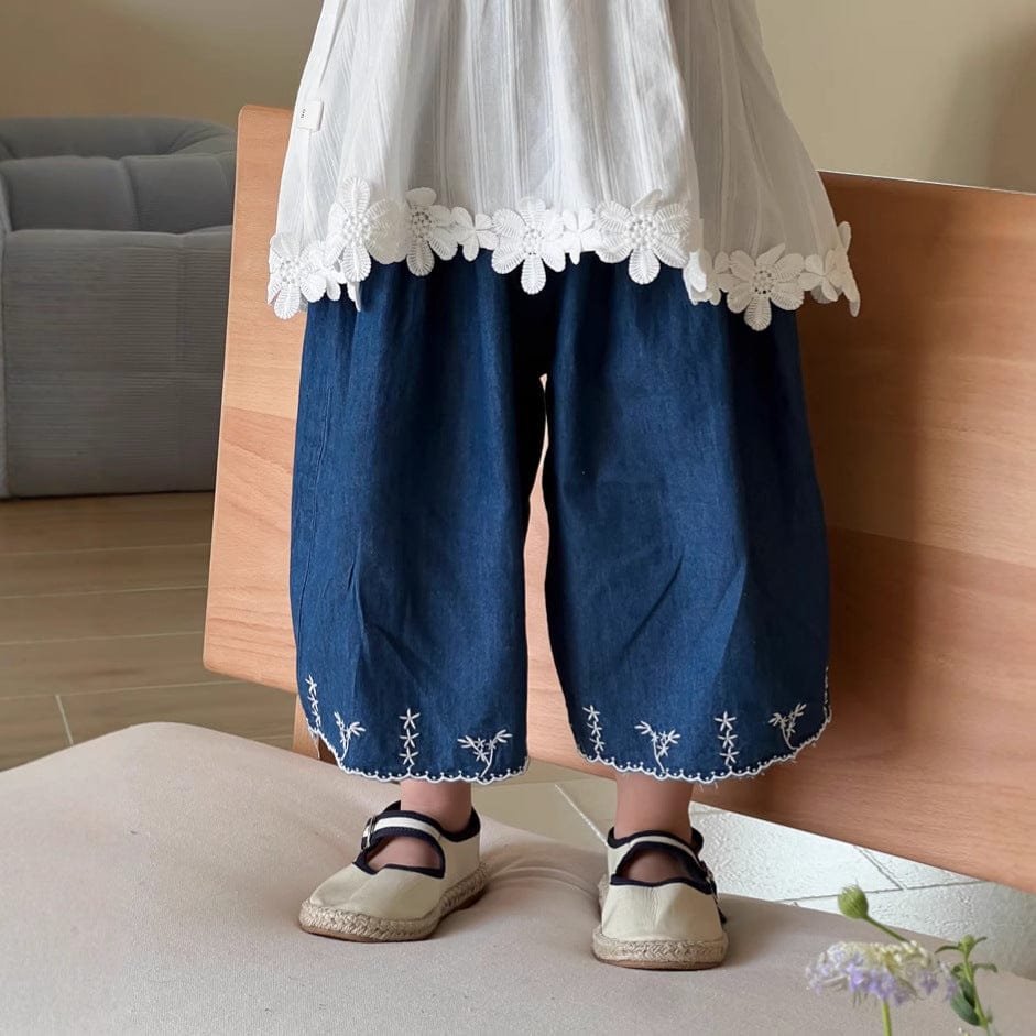 ロングパンツ・スウェットパンツ 裾刺繍ステッチルーズクロップドデニムパンツ【mh0009740】