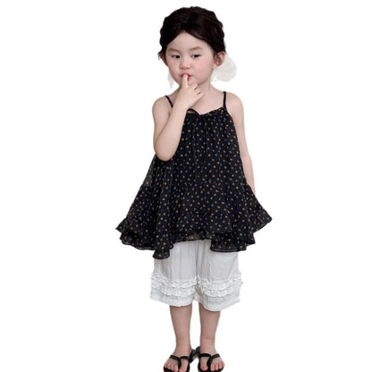 ノースリーブワンピース キャミソールシフォンチュニックワンピース/フリルクロップドパンツ【mh0009748】