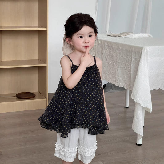 ノースリーブワンピース キャミソールシフォンチュニックワンピース/フリルクロップドパンツ【mh0009748】