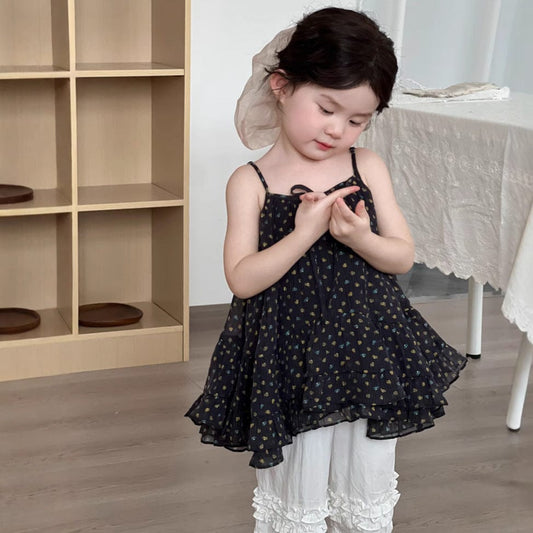 ノースリーブワンピース キャミソールシフォンチュニックワンピース/フリルクロップドパンツ【mh0009748】