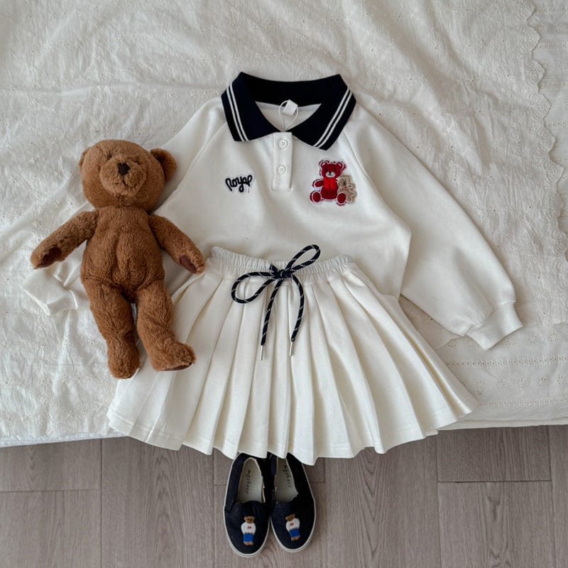 長袖セットアップ Milk White / 90cm キッズセットアップ 2点セット ベアくまワッペン長袖ポロシャツ+プリーツスカート【mh0009103】