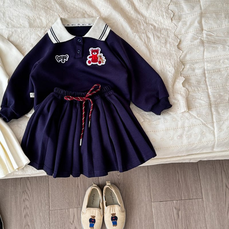 長袖セットアップ Navy / 90cm キッズセットアップ 2点セット ベアくまワッペン長袖ポロシャツ+プリーツスカート【mh0009103】