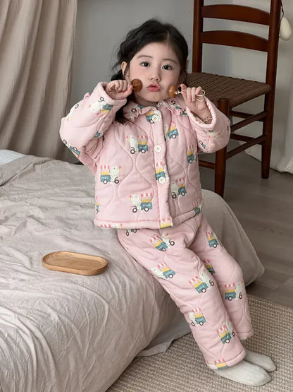 長袖パジャマ pink bear / 24M  90CM キッズセットアップ 2点セット キルティングパデッドフリルガールズ防寒長袖パジャマセット【mh0007986】