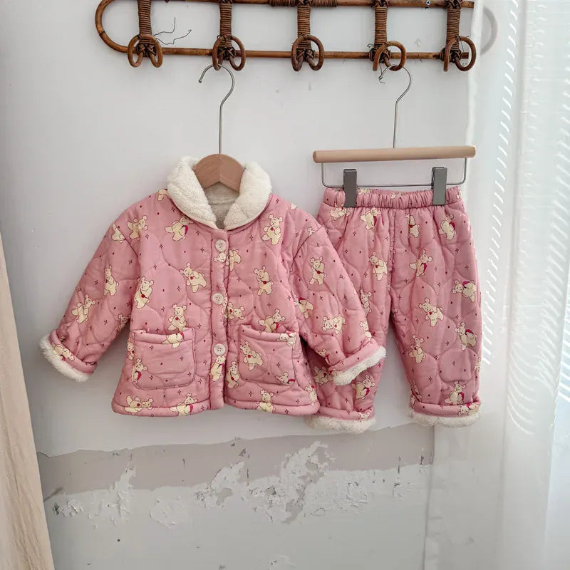 長袖パジャマ pink bear / 3T  100CM キッズセットアップ 2点セット キルティング裏ボアフリース防寒長袖パジャマセット【mh0007985】