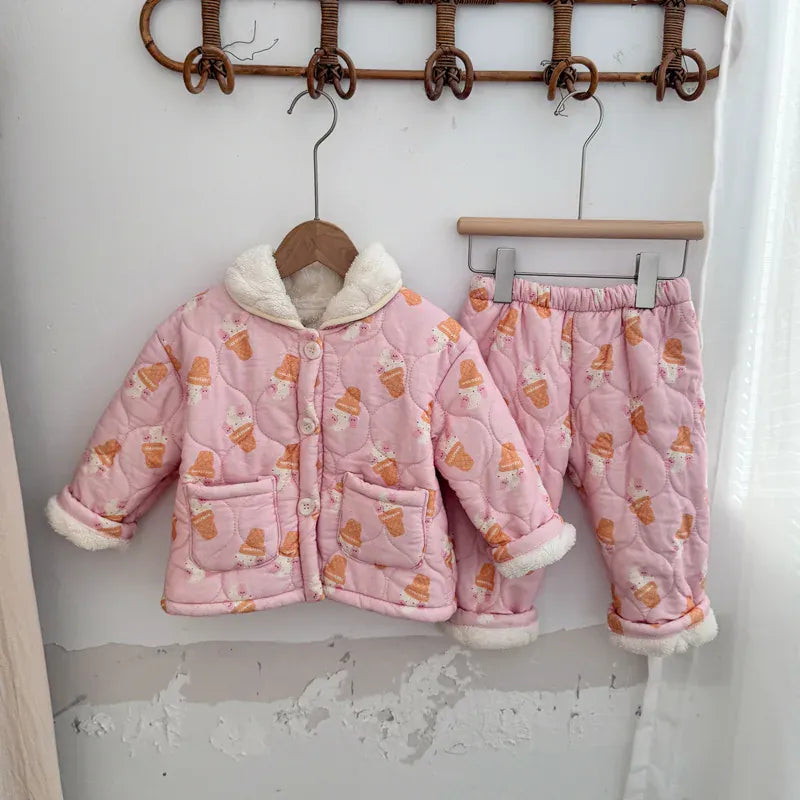 長袖パジャマ pink ice cream / 24M  90CM キッズセットアップ 2点セット キルティング裏ボアフリース防寒長袖パジャマセット【mh0007985】