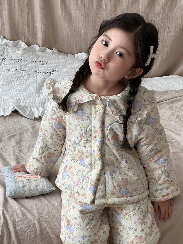 長袖パジャマ purple cat / 3T  100CM キッズセットアップ 2点セット キルティングパデッドフリルガールズ防寒長袖パジャマセット【mh0007986】