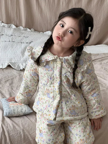 長袖パジャマ purple cat / 3T  100CM キッズセットアップ 2点セット キルティングパデッドフリルガールズ防寒長袖パジャマセット【mh0007986】