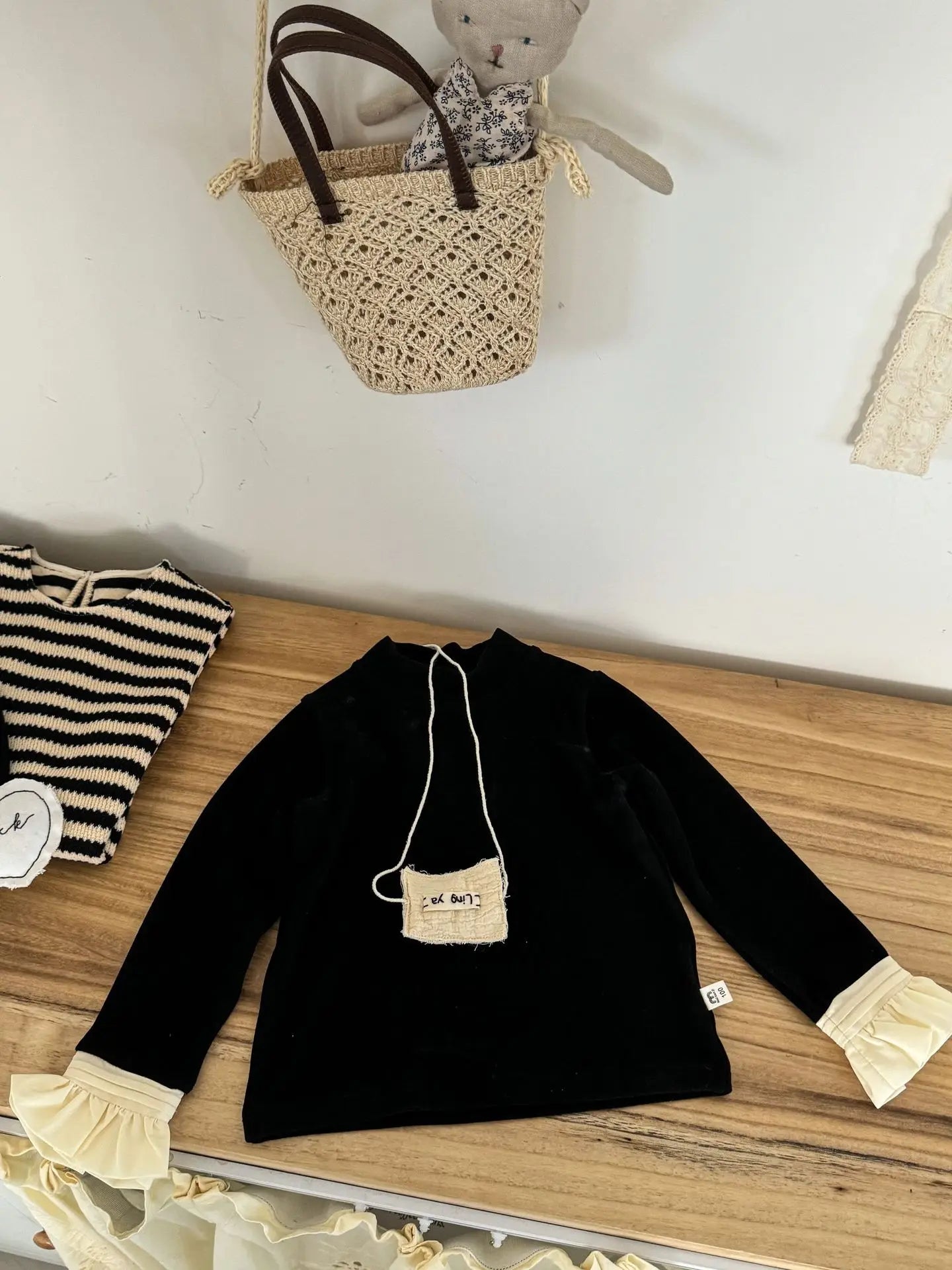 長袖セットアップ キッズトップス/ワンピース フリル袖長袖ハイネックカットソーTシャツ/ノースリーブボーダーニットワンピース【mh0007317】