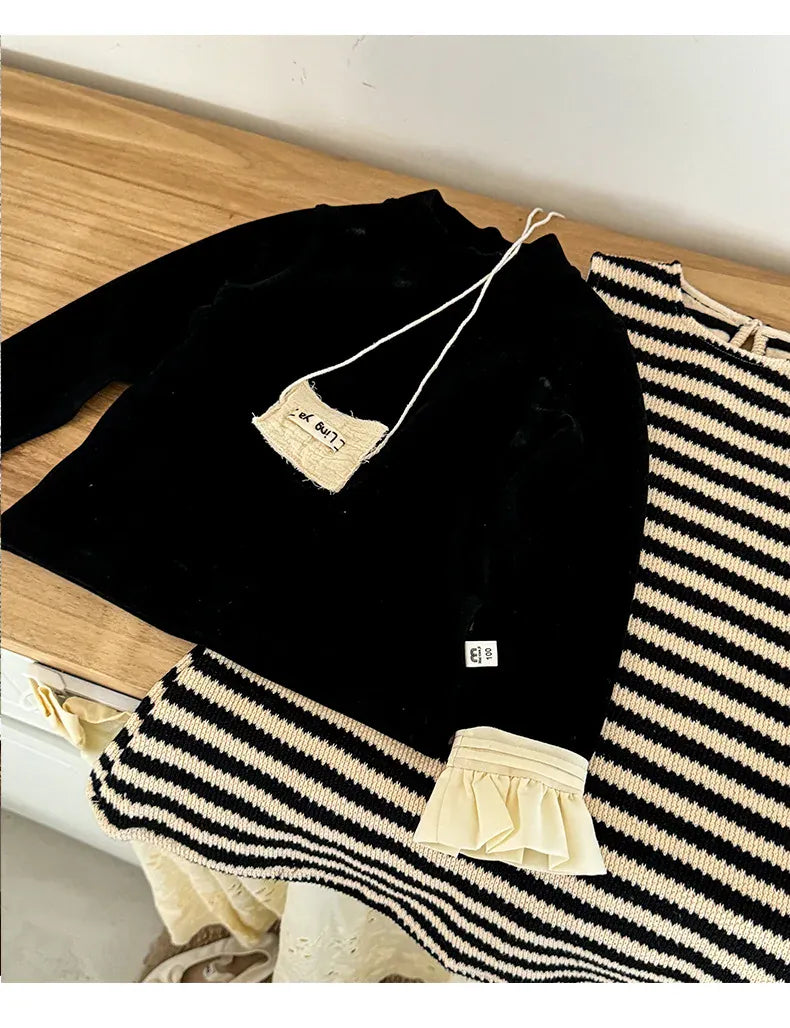 長袖セットアップ キッズトップス/ワンピース フリル袖長袖ハイネックカットソーTシャツ/ノースリーブボーダーニットワンピース【mh0007317】